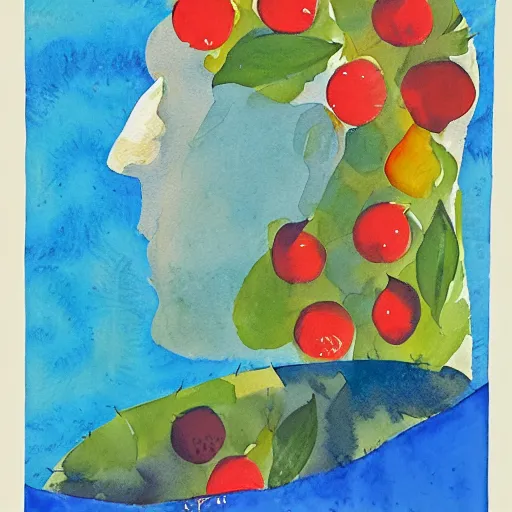 Image similar to watercolor and collage by eric carle, of a man thinking about fruit, peaceful mood, movie poster