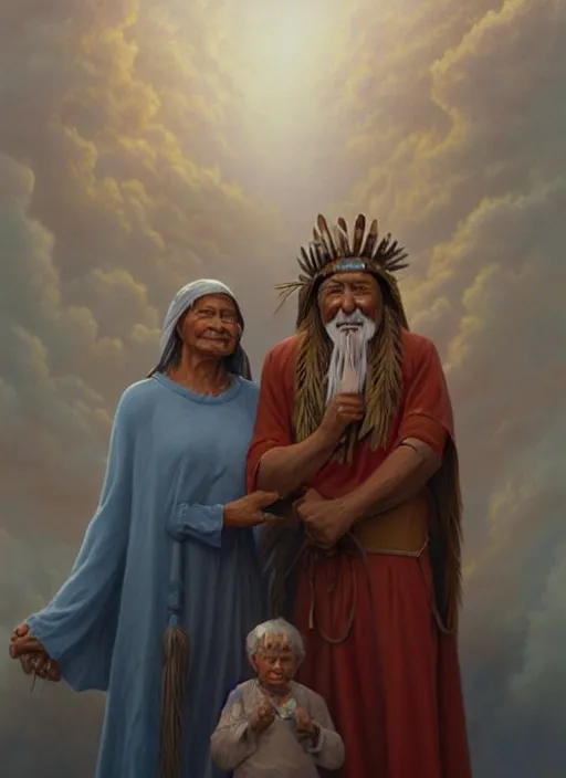 Image similar to portrait of indigenous grandfather and grandmother in the clouds, smiling, protection, benevolence, ancestors, art by christophe vacher