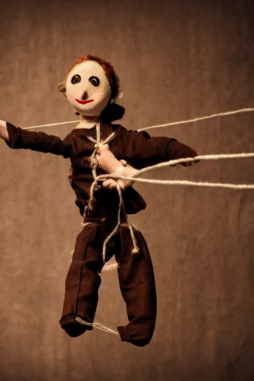 Image similar to a puppet held by string, alone stage, steampunk, sad vibe, steampunk, ballet, 8 k, detailed, ambient lighting, vintage, dark fantasy