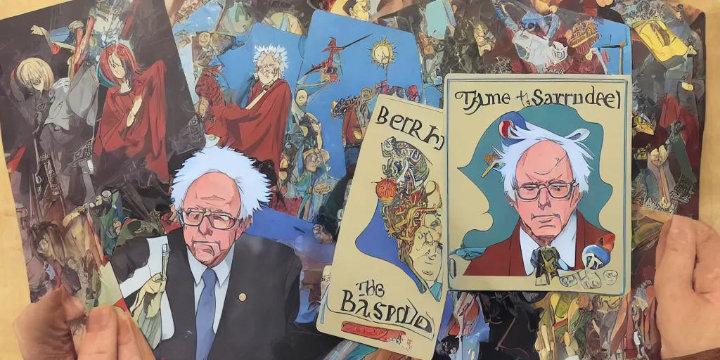 Prompt: Bernie sanders, tarot card, anime