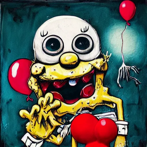 Image similar to grunge painting of spongebob with a wide smile and a red balloon by chris leib, loony toons style, pennywise style, corpse bride style, horror theme, detailed, elegant, intricate