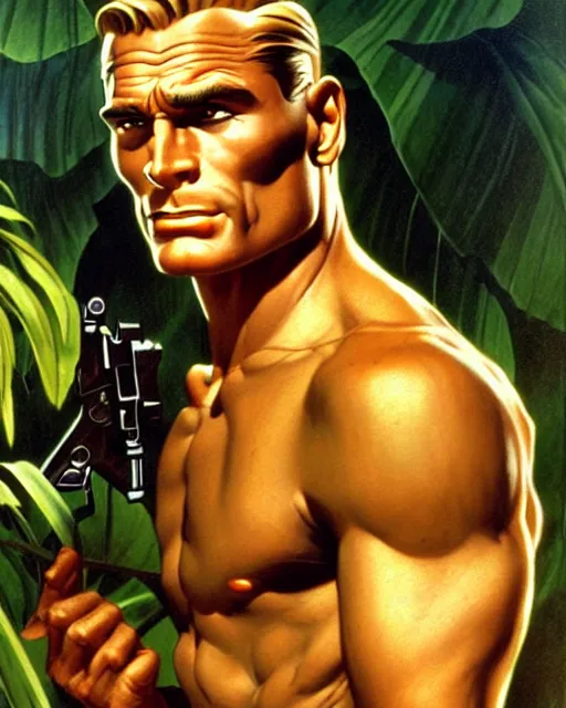 Prompt: doc savage in the jungle, fantasy character portrait, ultra realistic, concept art, intricate details, highly detailed by james bama, william adolphe bouguereau and frank frazetta