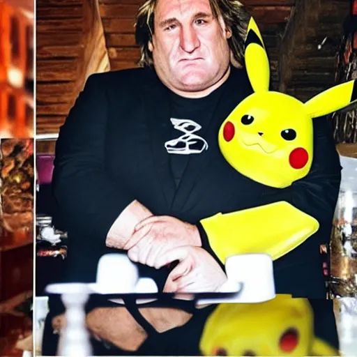 Prompt: pikachu with the face of gerard depardieu drinking red wine