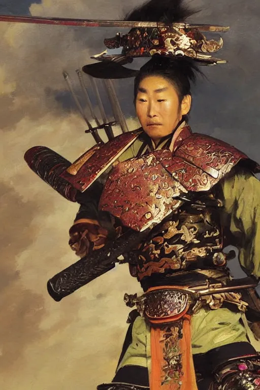 Image similar to close up of a fantasy samurai general in full armor on a battlefield during edo period, by vladimir volegov and alexander averin and delphin enjolras and daniel f. gerhartz