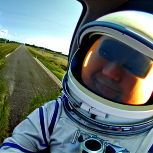 Prompt: dashcam car footage of a astronaut