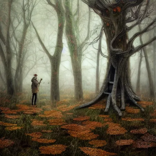 Image similar to steam punk tree in an autumn forest, snowing, green and brown tones, by Aron Wiesenfeld and beksincki, in the style Bev dolittle, cinematic, detailed illustration, nature, fog, dark colors, suspense, intricate, 8k in the style