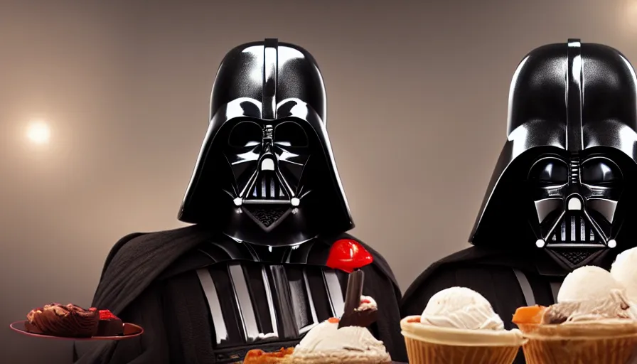 Image similar to darth vader with a birthday - hat eats icecream, photorealistic rendering, hyperdetailed, octane, redshift, atmospheric lighting, cinematic composition, wallpaper