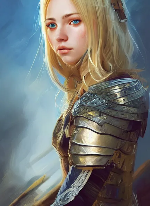 Prompt: full - body portrait of slavic young woman warrior, extremely detailed face, beautiful face, blonde hair, blue eyes, leather armor!, digital painting, true anatomy, by valerian city of a thousand planets, by ruan jin #, by mandy jurgens #, by artgerm #, william - adolphe bouguerea #