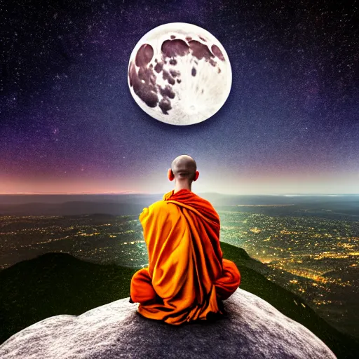 Image similar to high definition render of a monk on top of a mountain, full moon, milky way, galaxy, buddhism, 8 k, symbolic, intricate, detailed, raytracing