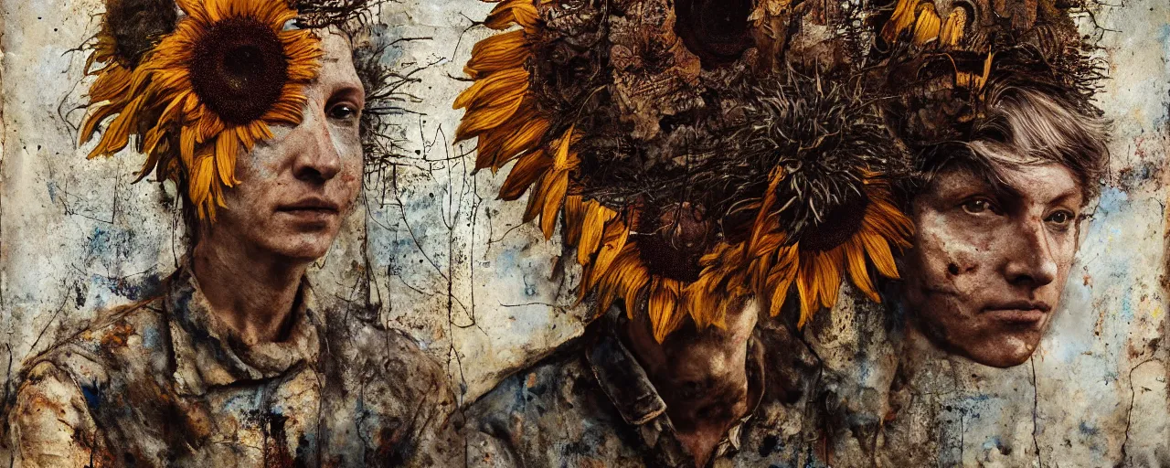 Image similar to a painting of a very ordinary person, by Anselm Kiefer, mixed media, rusted metal, sunflowers, anatomically correct, beautiful perfect face, sharp focus, Highly Detailed, Cinematic Lighting, octane render, volumetric lighting, post-production, 8k, HD