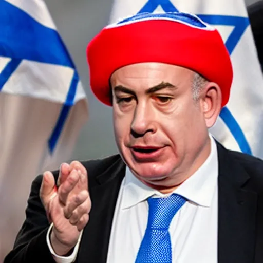 Prompt: Bibi Netanyahu dressed as a jester