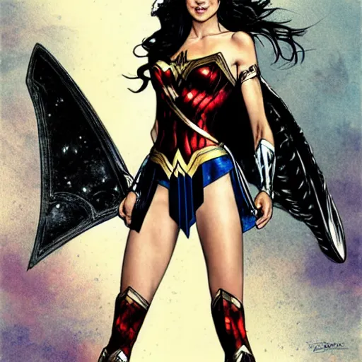Prompt: Gal Gadot as Wonder Woman, full body illustration by Luis Royo