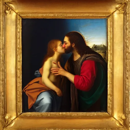 Image similar to 1 8 th oil panting of a jesus kissing with maria maddalena