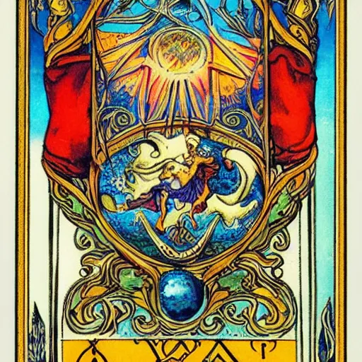 Image similar to Arcane Tarot, frame intricated, vivid colors, detailed decorative flourishes, symmetrical centered