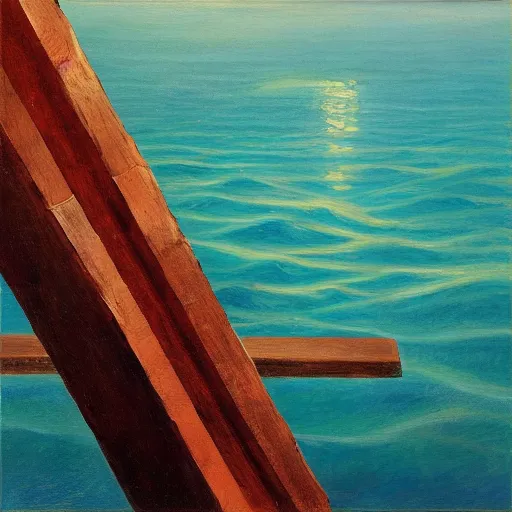 Prompt: a broken wooden harp floating in the ocean, an oil painting, album cover, melancholy