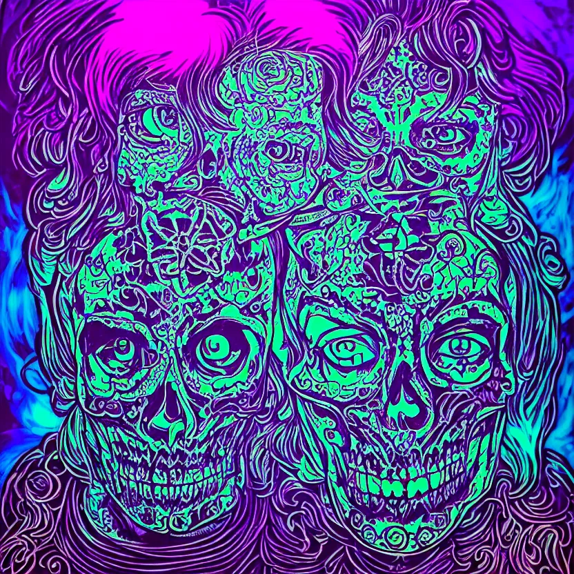 Prompt: Portrait of a beautiful sugarskull Dan Mumford and Josan Gonzalez and Laurie Greasley and Tim Doyle, blacklight, blacklight paint, ultraviolet