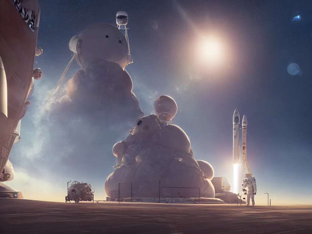 Prompt: an astronaut monkey in front of spacex falcon 9, by john william godward and anna dittman and laurie greasley and victo ngai and taro okamoto and caspar david friedrich, full body portrait atmospheric lighting, intricate detail, cgsociety, hyperrealistic, octane render, rpg portrait, ambient light, dynamic lighting