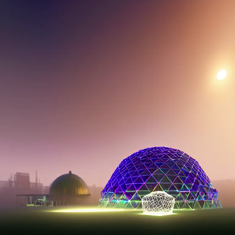 Image similar to an immaculate volumetric path tracing lighting render of a of beautiful iridescent large geodesic dome device at the center of a vast modern datacenter, fog, god rays, and nixie tubes by Zdzisław Beksiński and beeple, beautiful modern colors, ultradetailed, 4k ultra