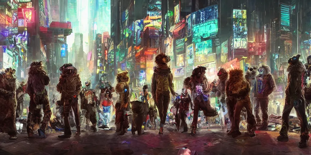 Image similar to high - resolution photograph from a cyberpunk era furry fandom convention ( midwest furfest 2 0 4 7 ), taking place after the genetic revolution and quantum singularity. photorealistic.