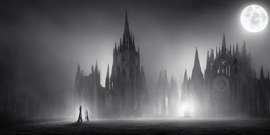 Image similar to Behind the tall and delicate gothic church at night, there is a huge delicate metal astrolabe in the moonlight, with ghosts floating in the foreground, scifi, interior, concept art, sharp focus, cinematic shot, crepuscular ray, digital art, steve argyle, light through the mist, dramatic lighting, photorealistic, cinematic lighting, high detail, cinematic feel, high octane, 4K, Unreal Engine, digital render, intricate, ultra realistic, by Dali, peter Mohrbacher, Davi Blight, Zdzislaw Beksinski