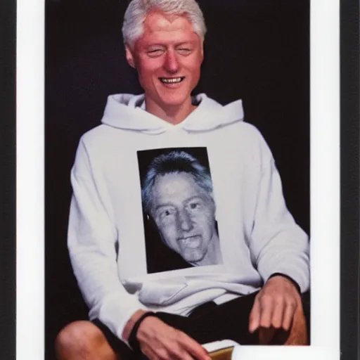 Image similar to polaroid of Bill Clinton wearing a white hoodie and holding a bag of weed sitting on the couch, 8k, very detailed, very intricate,