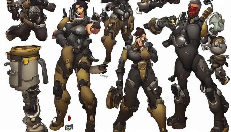 Image similar to Concept art for new overwatch character: Sabotuer, Uses C4, and Hand Grenades, Rugged, Contra, eye-patch, Beret,