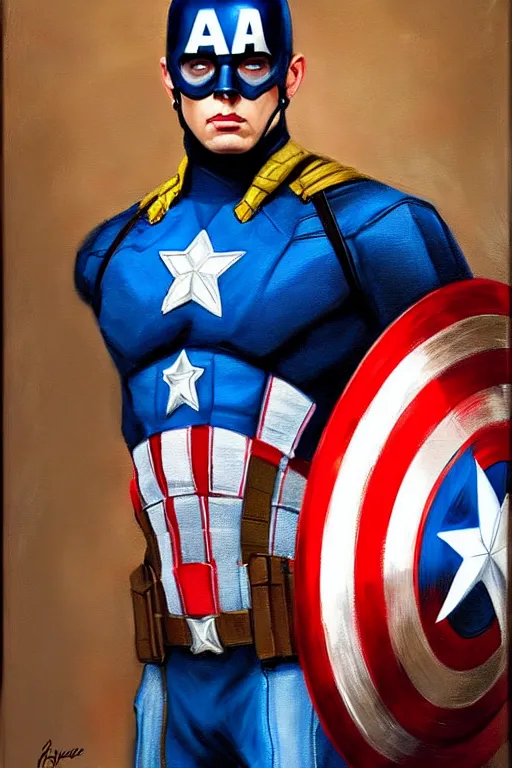 Image similar to hyperrealistic painting of Captain America in blue and yellow colors, oil on canvas, in the style of J.C. Leyendecker, Ross Tran and WLOP, 4k, smooth, sharp focus, extremelydetailed