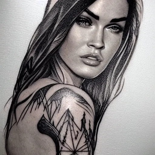 Prompt: megan fox as beautiful mountains, double exposure effect, medium sized tattoo sketch, amazing detail, on pinterest