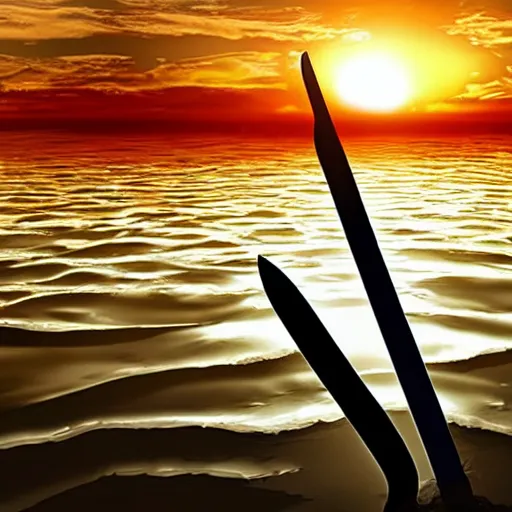 Image similar to a floating sword in front of a sunrise, extremely realistic and beautiful