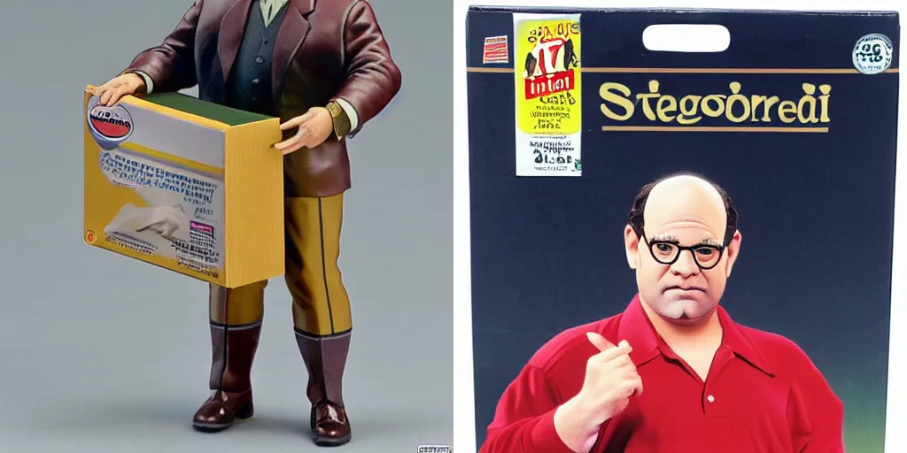 Prompt: Realistic photo: George Costanza Auction figure still in packaging, the package has the Seinfeld logo on the front.