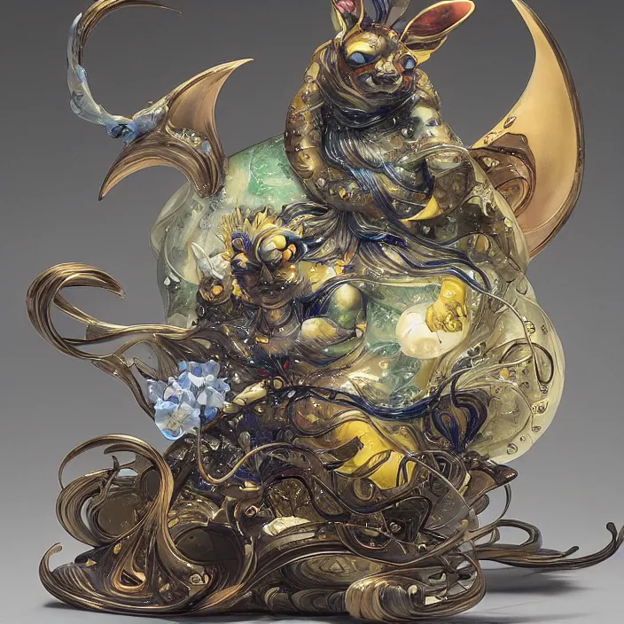 Prompt: plasticine wet shiny angles, crystal, moonlit, mirrors, camera angled dramatically, realistic hyperdetailed design of raichu, japanese mythology ornament, victo nga, fumo yoshitoshi, ren jing jeong, feifei ruan, peter mohrbacher, takato yamamoto