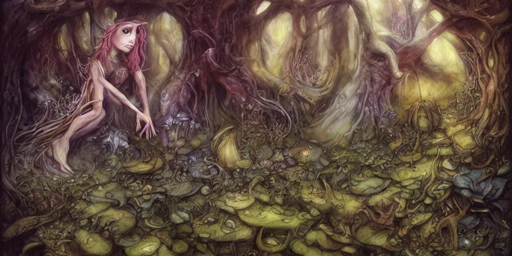 Prompt: mashroom Brian Froud fantasy illustration Fairy painting, Trending on artstation.