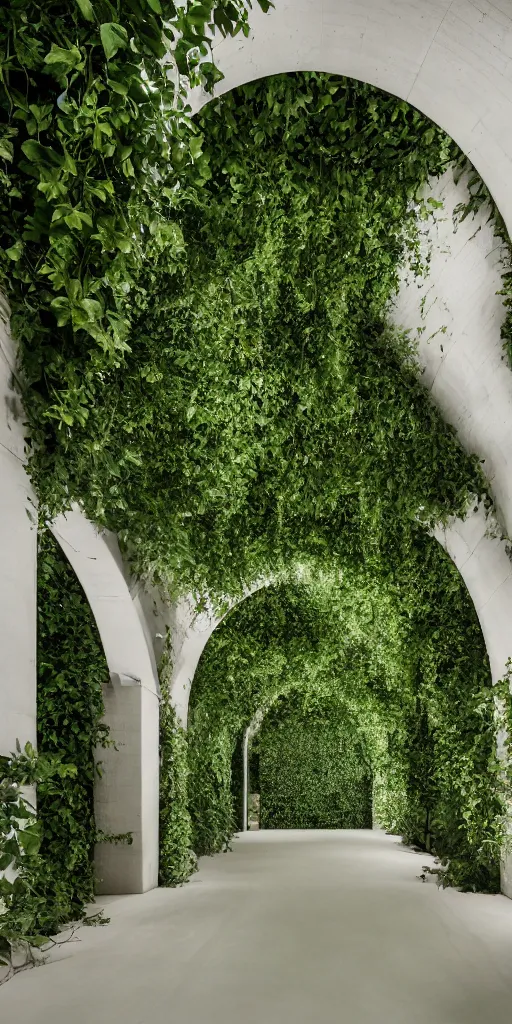 Prompt: photo inside underground arching caverns by andrew kudless. a dark green pool covers the floor. architectural photography. 4 k, 8 k. volumetric lighting. structural arch barrel vaults. ivy and many plants hanging from ceiling, white concrete floor.