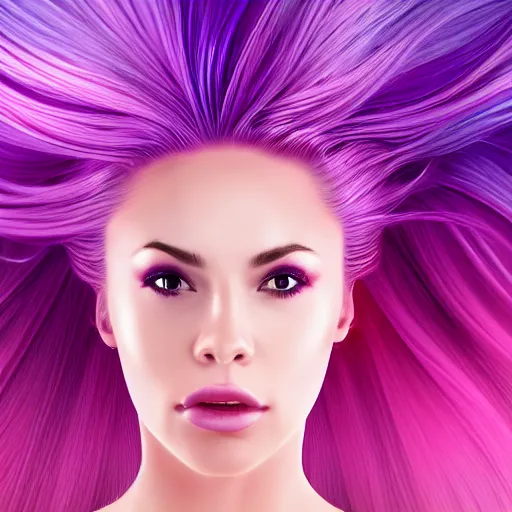 Prompt: a award winning action upper body portrait of a beautiful woman with a ombre purple pink hairstyle with head in motion and hair flying, outrun, vaporware, highly detailed, fine detail, intricate