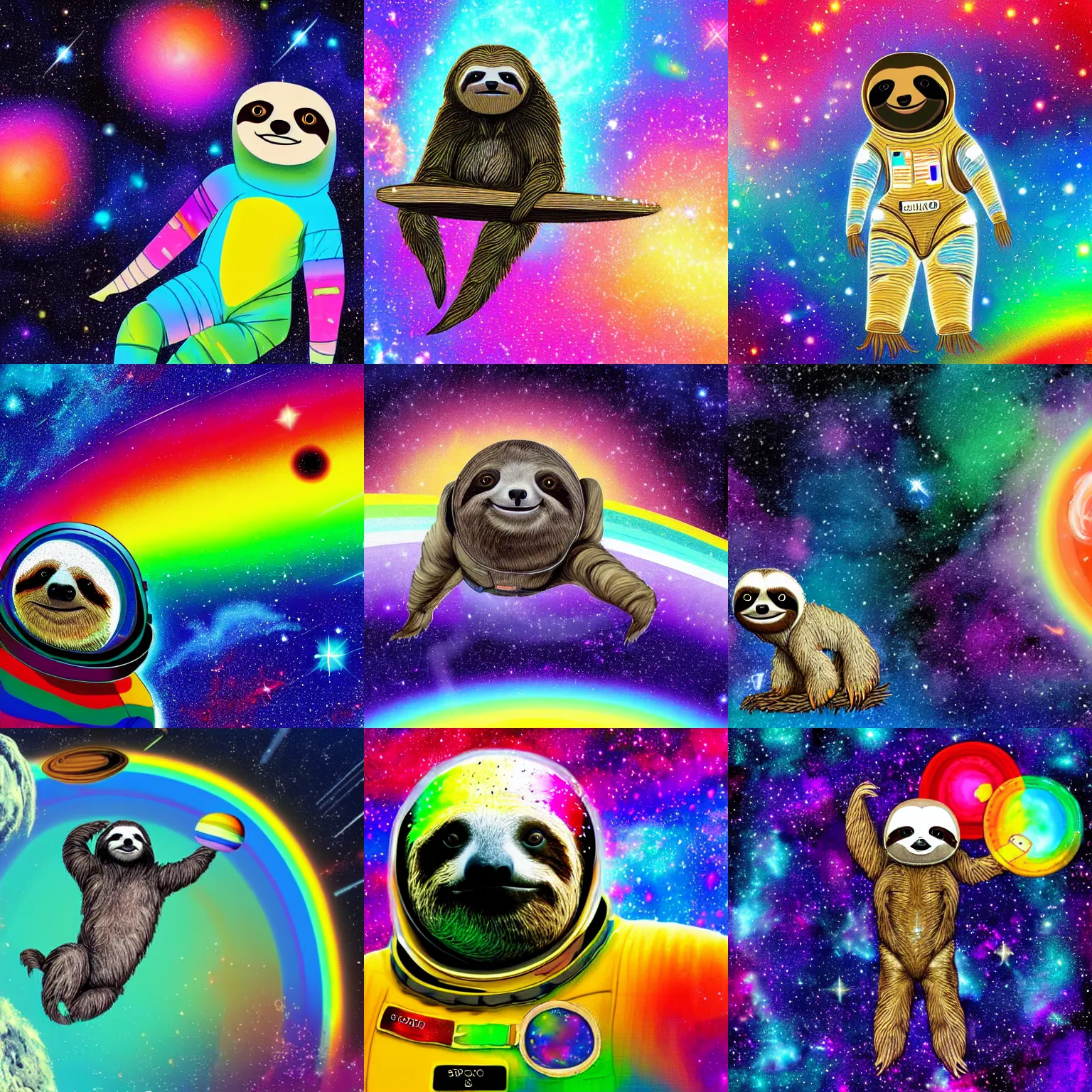 Prompt: digital art of a sloth wearing a space suit floating in space, with colorful rainbow galaxies in the background