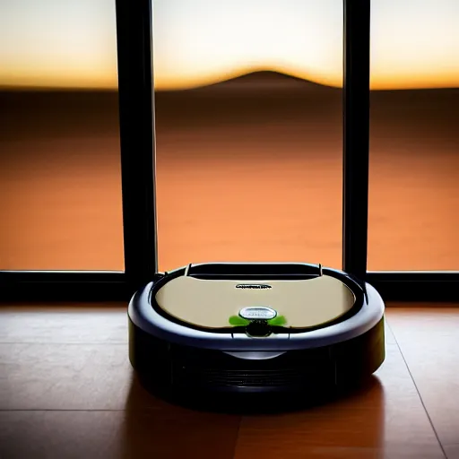 Prompt: peaceful Roomba for monitoring the australian desert, XF IQ4, 150MP, 50mm, F1.4, ISO 200, 1/160s, dawn, golden ratio, rule of thirds
