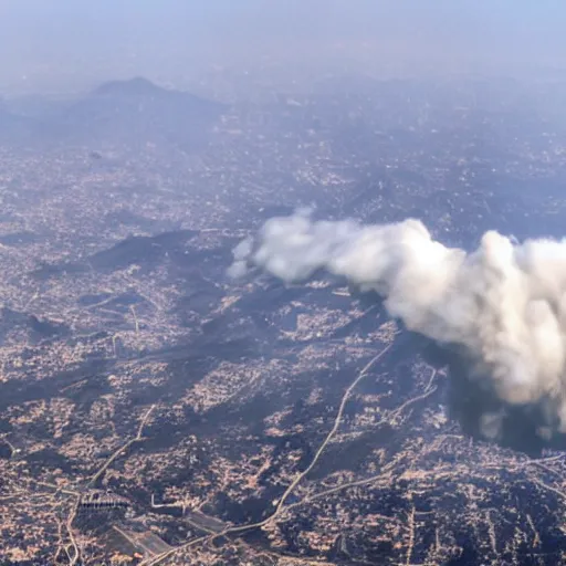 Prompt: the luck dragon flying through a smog cloud over los angeles