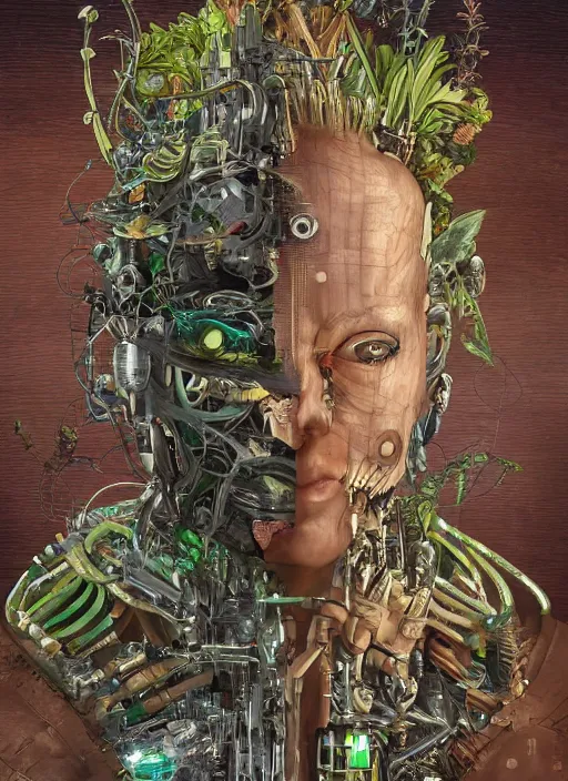 Prompt: a hyper - detailed fine painting of a synthetic humanoid cyborg hybrid half cybernetic and half made of plants and wood, concept art magical highlight, full color tribal and technologic art