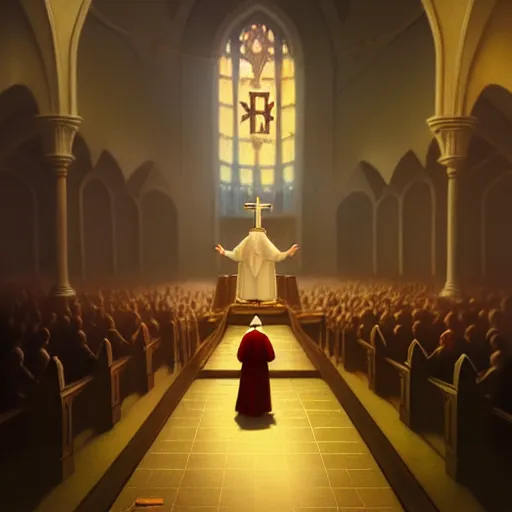 Image similar to pope standing in a curch, digital painting, greg rutkowski, artstation, cinematic, matte painting