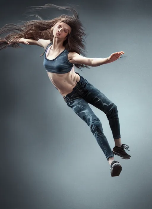 Prompt: a shocking radically realistic fine art painting of a early twenties female parkour scene wearing jeans and flowing hair, inspired by David Stoupakis, studio portrait, muted colors, detailed hair, cinematic lighting, 4K