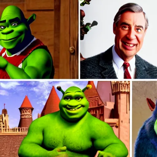 Image similar to shrek combined with both mr rogers and the rock