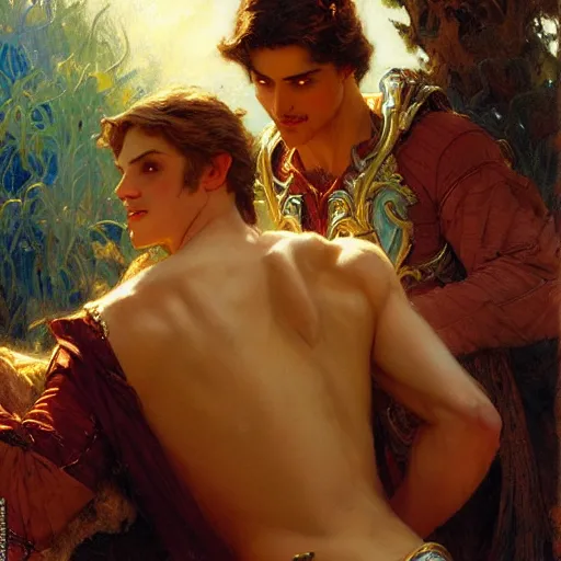Prompt: attractive fully clothed king confesses his love for his attractive fully clothed male prince. highly detailed painting by gaston bussiere, mark brooks, j. c. leyendecker, craig mullins