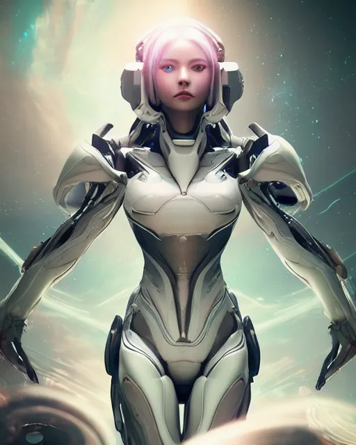 Image similar to perfect android girl on a mothership, warframe armor, beautiful face, scifi, futuristic, galaxy, nebula, raytracing, dreamy, long white hair, blue cyborg eyes, sharp focus, cinematic lighting, highly detailed, artstation, divine, by gauthier leblanc, kazuya takahashi, huifeng huang