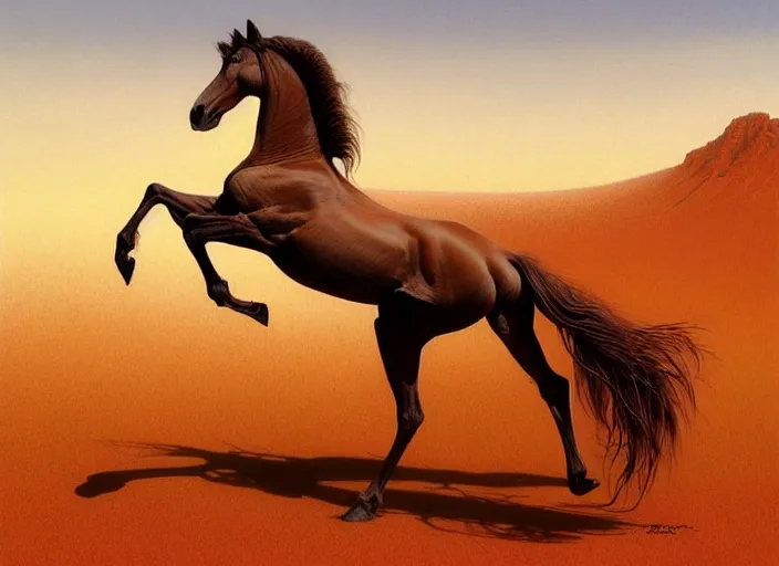 Prompt: horse standing in desert, intricate, elegant, highly detailed animal, digital painting, artstation, concept art, smooth, sharp focus, illustration, art by artgerm, bob eggleton, michael whelan, stephen hickman, richard corben, wayne barlowe, trending on artstation and greg rutkowski and alphonse mucha, 8 k