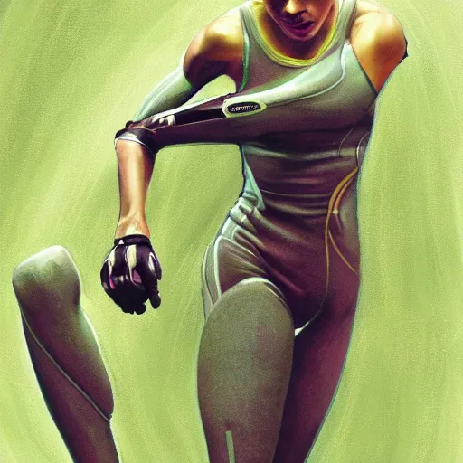 Image similar to Trinity the matrix, Female sprinter in athletic attire with cyborg legs, metal body, diesel punk, athletic footage, 1960's olympics, artstation, hyperdetailed, art deco stadium, painting by sargent