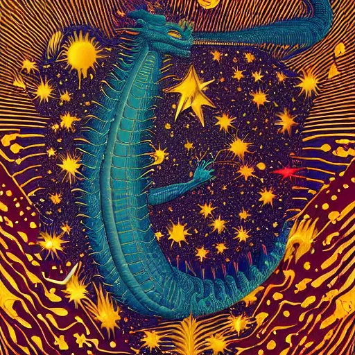 Image similar to composed by howard arkley, by beeple, by jean auguste dominique ingres. a body art of a dragon in space. the dragon is in the foreground with its mouth open rows of sharp teeth. coiled & ready to strike, its tail is wrapped around a star in the background. background is full of stars & galaxies.