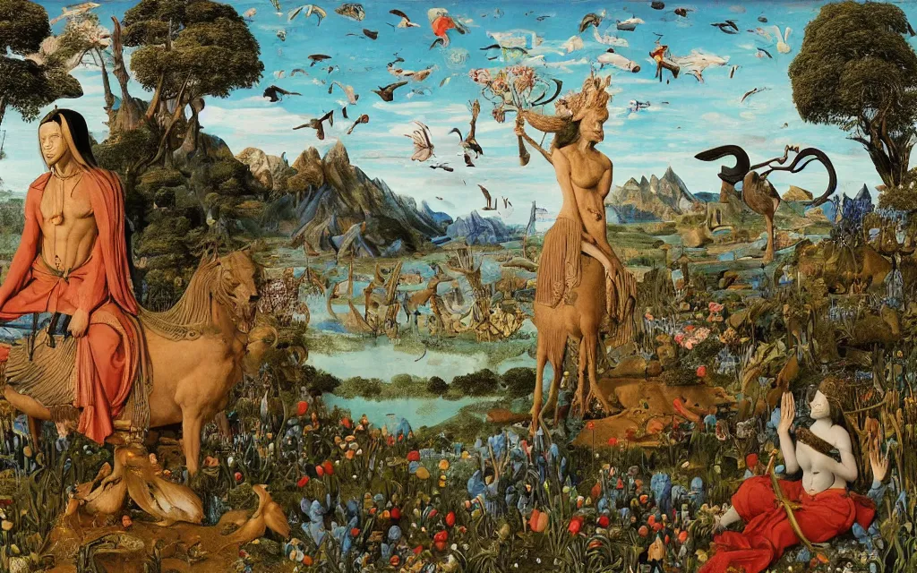 Image similar to a portrait photograph of a meditating sphinx and a centaur king riding birds and feeding animals at a river delta. surrounded by bulbous flowers, animals, trees. mountain range under a vast blue sky of burning stars. painted by jan van eyck, max ernst, ernst haeckel and ernst fuchs, cgsociety, artstation, fashion editorial, 8 k