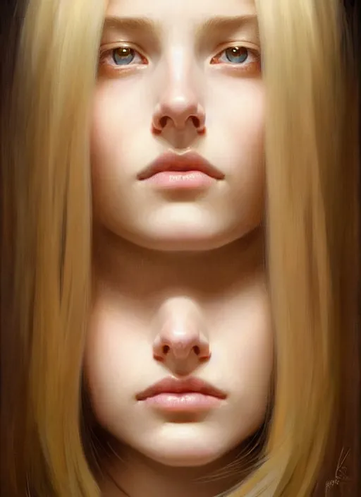 Image similar to beautiful symmetrical face, portrait of young woman blessed with ever - increasing physical and mental perfection, realism, blonde hair, perfect face!! intricate, elegant, highly detailed, vision of holy perfection!! digital painting, artstation, concept art, smooth, sharp focus, illustration, humanity, art by artgerm and greg rutkowski and alphonse mucha