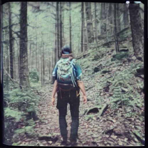 Image similar to a blurry polaroid of a hiker before they went missing, creepy, eerie, unsettling, expired film,