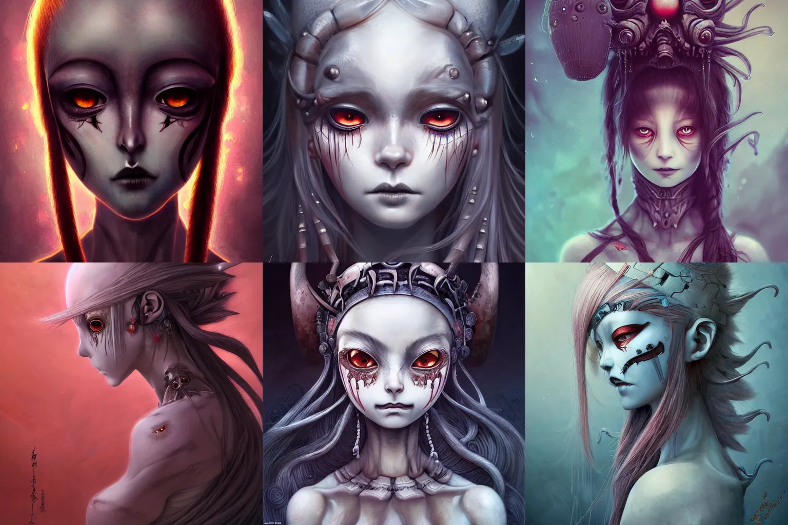 Prompt: detailed, sharp, portrait of a cute humanoid female warriors wearing skulls by Anna Dittmann and by studio ghibli and Tim Burton and Junji Ito and Zdzislaw Beksinski. digital art. surreal. featured on art station. anime arts. featured on Pixiv, HD, 8K, highly detailed, good lighting